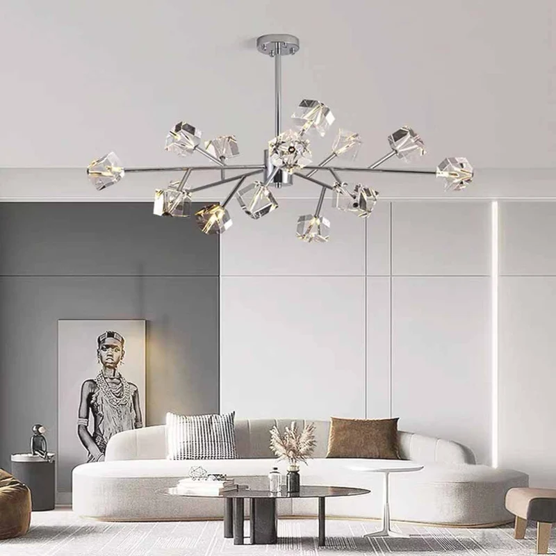 Molecule Chandelier Sputnik Crystal Cube, Chrome