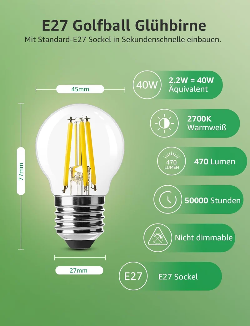 Lepro Energieklasse A E27 LED Warmweiss, 2.2W 470 Lumen Glühbirne E27, Nicht Dimmbar, G45 Led Birne, 2700 Kelvin Warmweiß, 300° Abstrahlwinkel Energiesparlampe, ersetzt 40W Leuchtmittel, 2 Stück