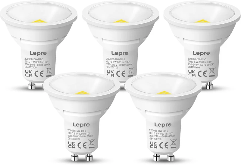Lepro GU10 LED Kaltwei? 8W Lampe, 800 lm, 6500K Tageslichtwei?, 100¡ã Abstrahlwinkel, Nicht dimmbar, Energiesparendes GU10 LED Leuchtmittel f¨¹r B¨¹ro, Keller, Garage, Flur, Arbeitszimmer, 5 St¨¹ck