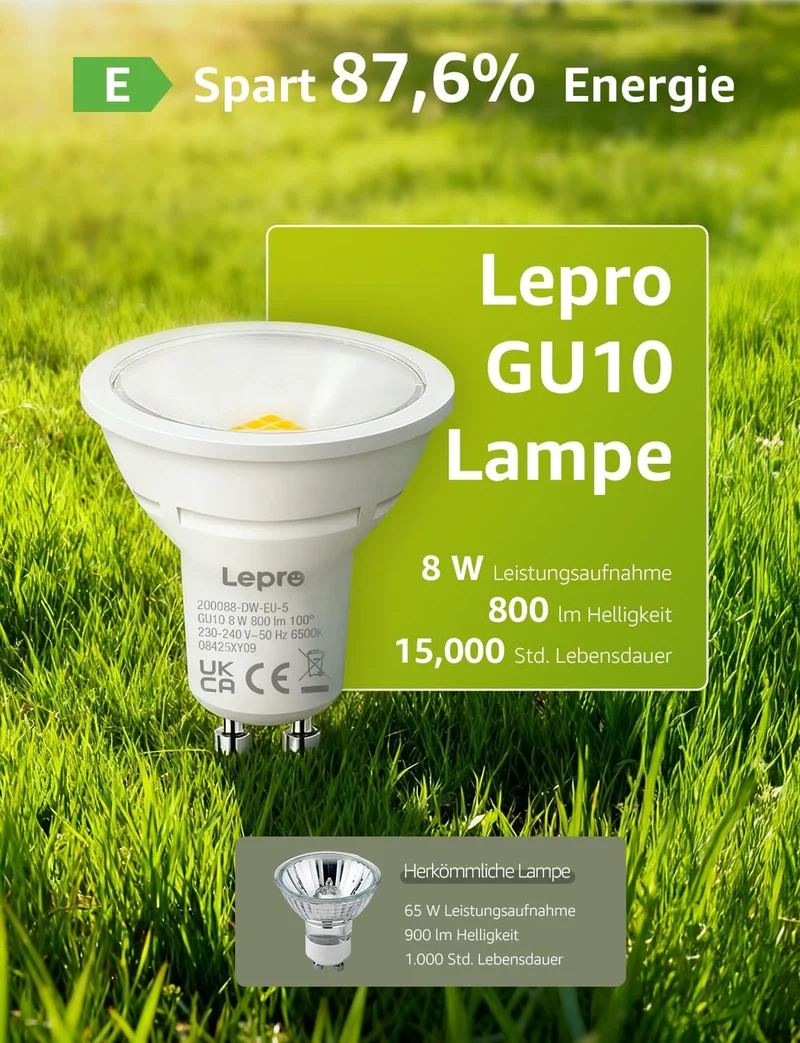 Lepro GU10 LED Kaltwei? 8W Lampe, 800 lm, 6500K Tageslichtwei?, 100¡ã Abstrahlwinkel, Nicht dimmbar, Energiesparendes GU10 LED Leuchtmittel f¨¹r B¨¹ro, Keller, Garage, Flur, Arbeitszimmer, 5 St¨¹ck