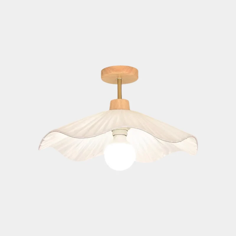 Pleated Ceiling Light Semi-Flush Wood Fabric for Hallway