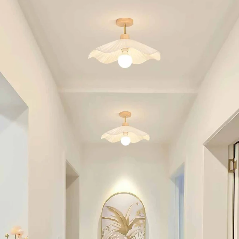 Pleated Ceiling Light Semi-Flush Wood Fabric for Hallway
