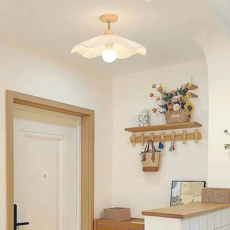Pleated Ceiling Light Semi-Flush Wood Fabric for Hallway
