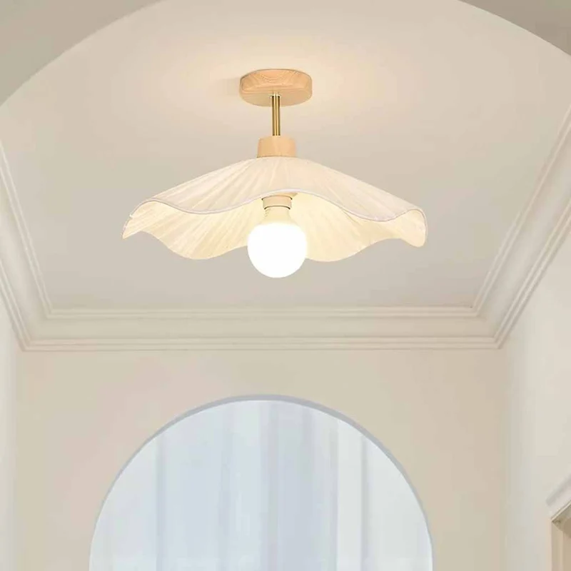 Pleated Ceiling Light Semi-Flush Wood Fabric for Hallway