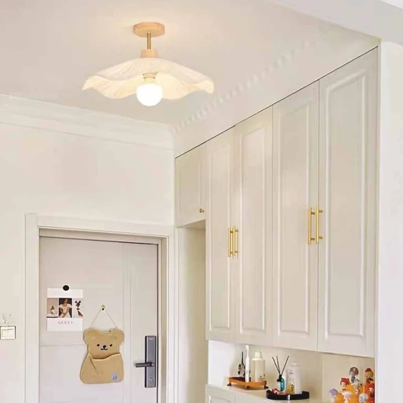 Pleated Ceiling Light Semi-Flush Wood Fabric for Hallway