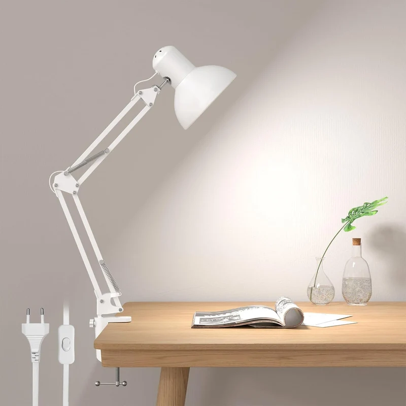 Lepro Schreibtischlampe Retro, Klemmbare Tischlampe E27, LED Büro Leselampe Nachttischlampe Verstellbare, Gelenk-Arm, schwenkbar, Tageslichtlampe Schreibtisch leuchte, HxBxT: 38 x 15 x 27cm, Weiß