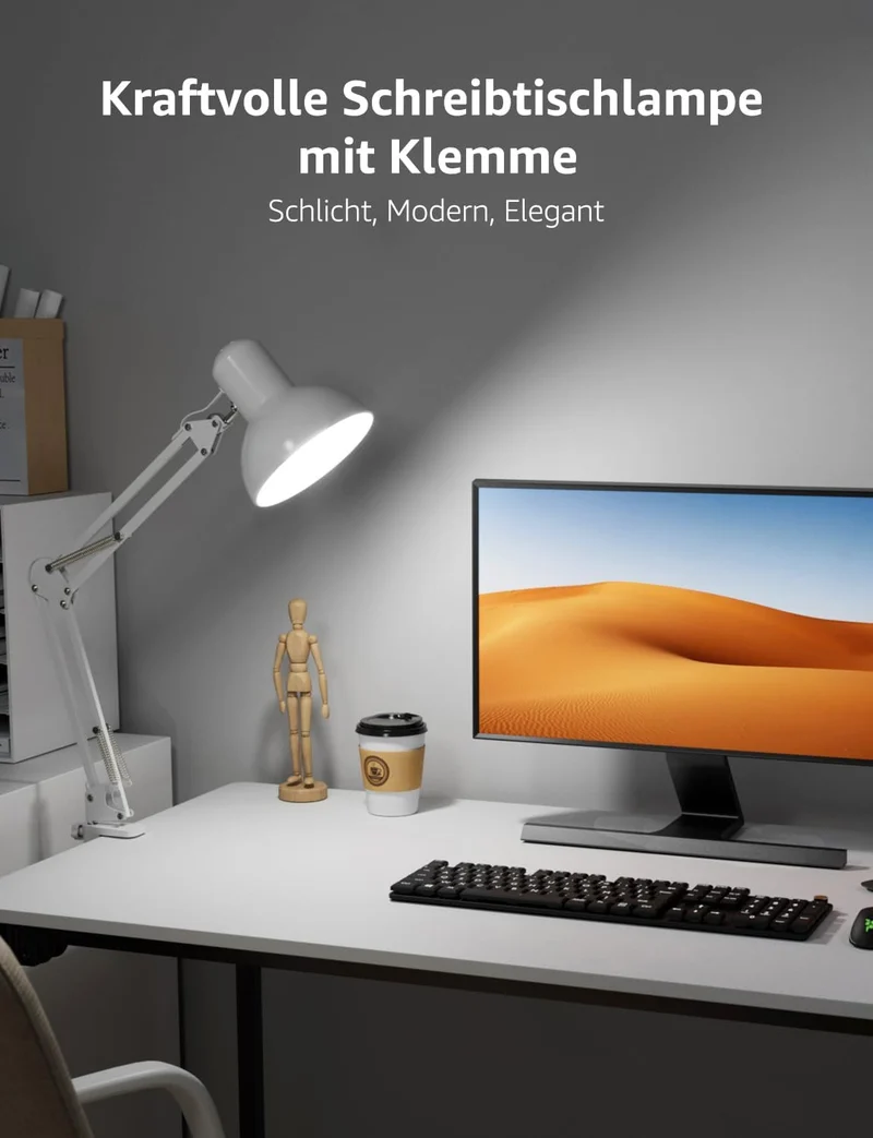 Lepro Schreibtischlampe Retro, Klemmbare Tischlampe E27, LED Büro Leselampe Nachttischlampe Verstellbare, Gelenk-Arm, schwenkbar, Tageslichtlampe Schreibtisch leuchte, HxBxT: 38 x 15 x 27cm, Weiß
