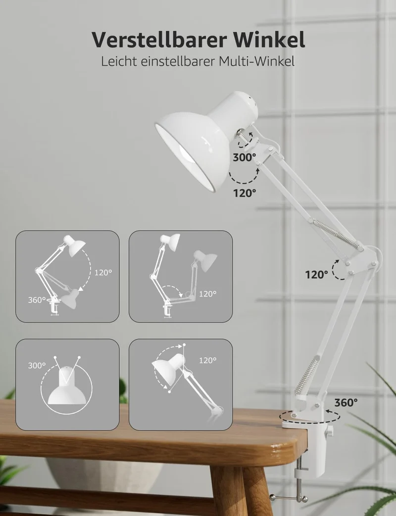 Lepro Schreibtischlampe Retro, Klemmbare Tischlampe E27, LED Büro Leselampe Nachttischlampe Verstellbare, Gelenk-Arm, schwenkbar, Tageslichtlampe Schreibtisch leuchte, HxBxT: 38 x 15 x 27cm, Weiß