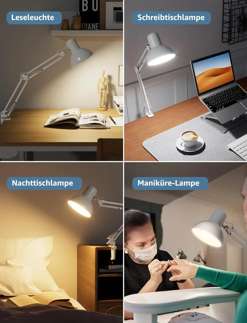 Lepro Schreibtischlampe Retro, Klemmbare Tischlampe E27, LED Büro Leselampe Nachttischlampe Verstellbare, Gelenk-Arm, schwenkbar, Tageslichtlampe Schreibtisch leuchte, HxBxT: 38 x 15 x 27cm, Weiß