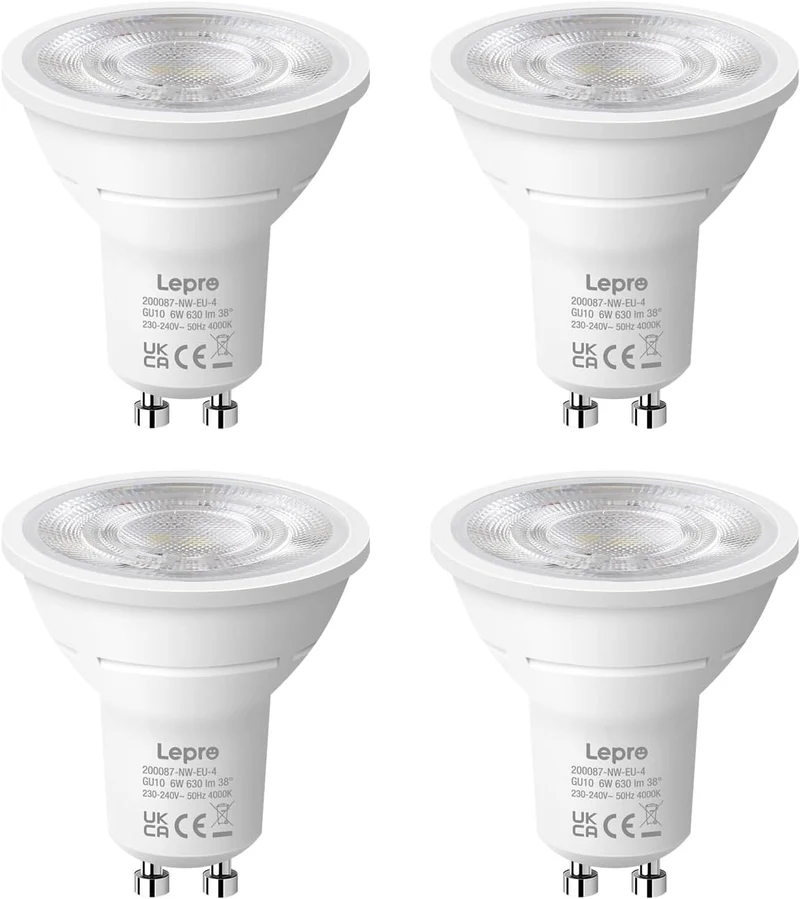 Lepro GU10 LED Neutralweiß 6W Lampe, 4000K Neutralweiß, 630 Lumen, 38° Abstrahlwinkel, Nicht dimmbar Reflektorlampe, Energiesparendes GU10 LED Leuchtmittel für Büro, Küche, Flur, 4 Stück