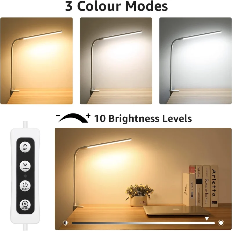 Lepro LED Schreibtischlampe Klemmbar, Tischlampe Architektenlampe mit Schwenkarm, Augenschutz Klemmleuchte USB, 3 Farben & 10 Helligkeitsstufen Dimmbar Tischleuchte für Büro, Weiß