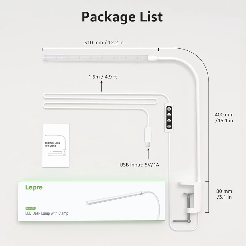 Lepro LED Schreibtischlampe Klemmbar, Tischlampe Architektenlampe mit Schwenkarm, Augenschutz Klemmleuchte USB, 3 Farben & 10 Helligkeitsstufen Dimmbar Tischleuchte für Büro, Weiß