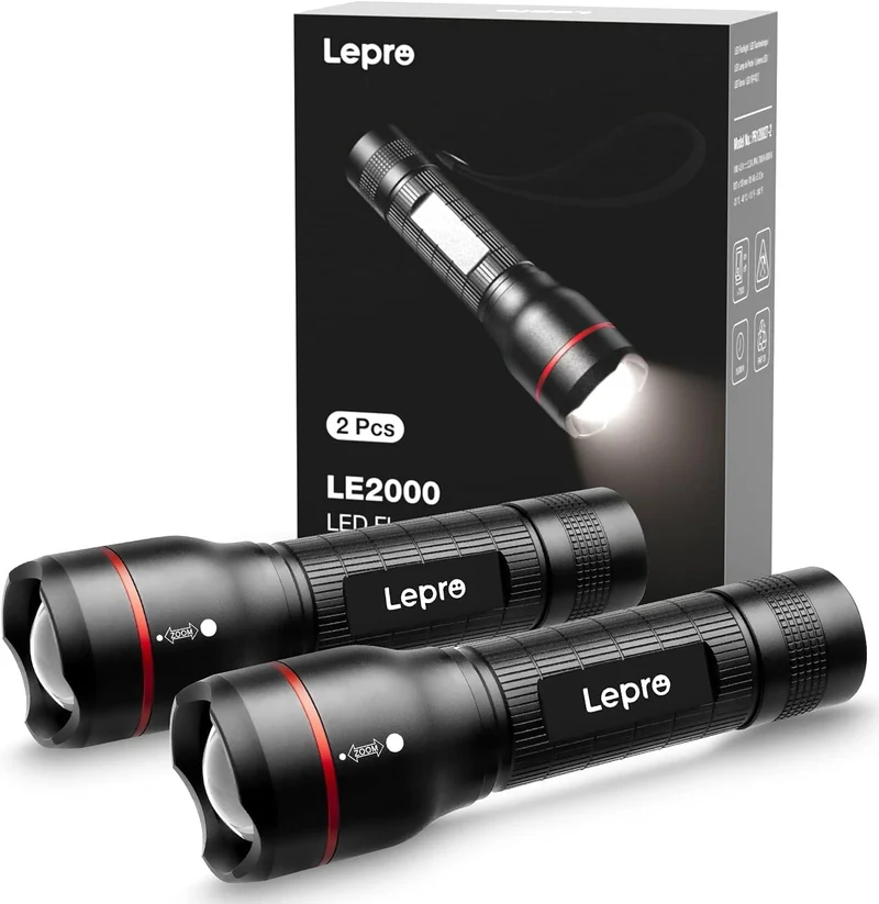 Lepro LED Taschenlampe, LE2000 Extrem Hell LED Taschenlampen mit 5 Modi, Zoombare Camping Handlampe, wasserdichte Flashlight für Camping, Outdoor, Wandern, Angeln, Geschenk (2 Stück)