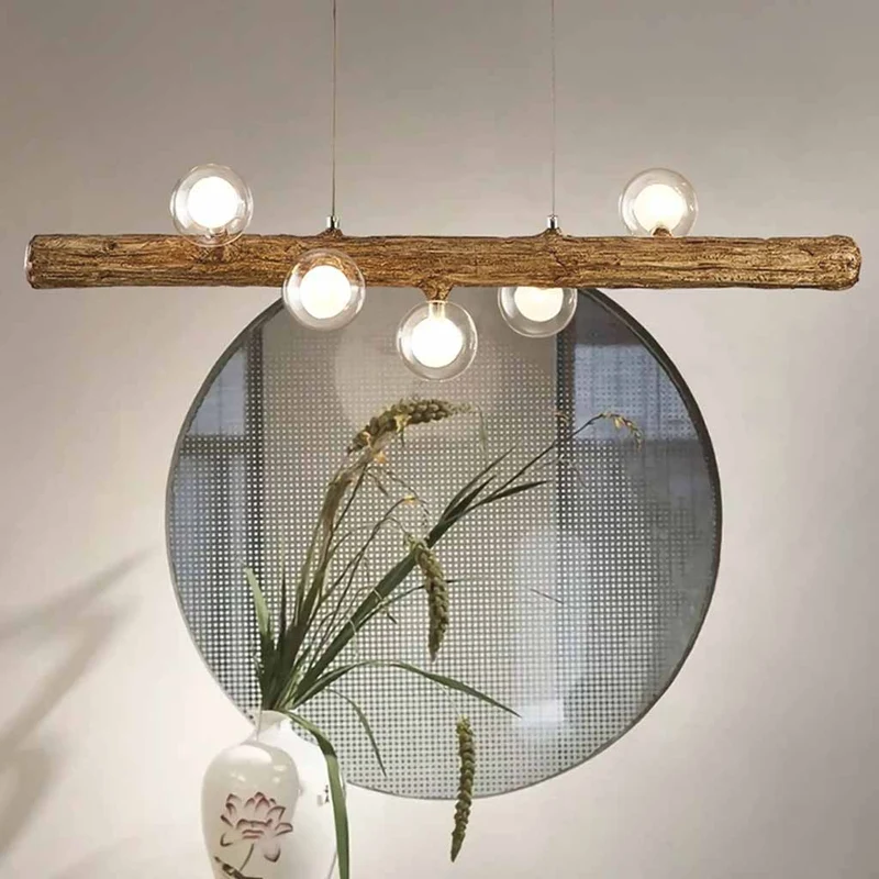 Vintage Tree Branch Linear Pendant Light with Glass Globes