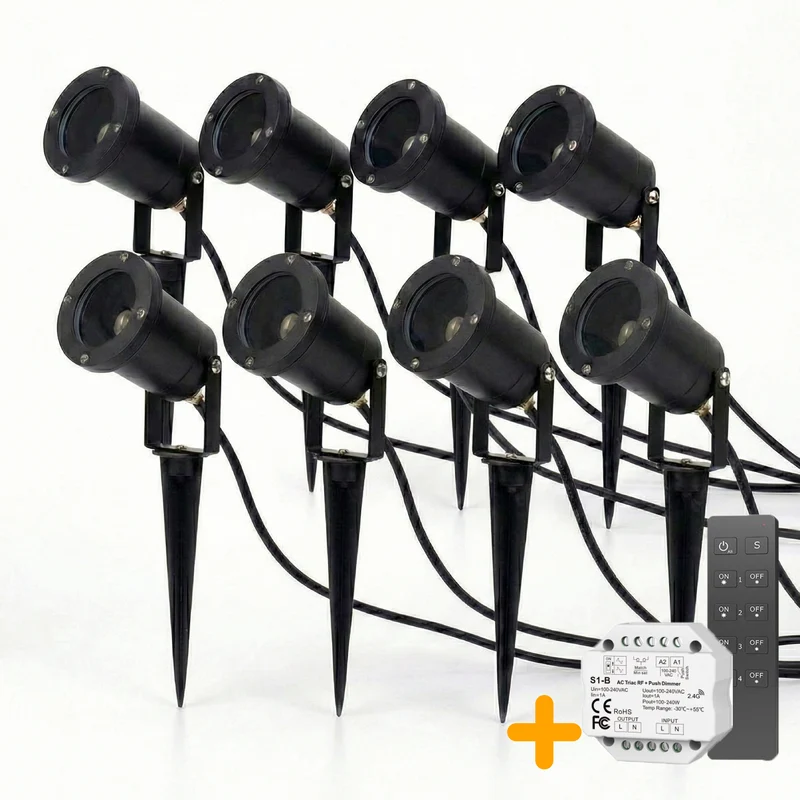 8-teiliges Set | Gartenstrahler GU10 | Komplettset | Inkl. 3x PHILIPS Strahler | Kabellos dimmbar mit Fernbedienung