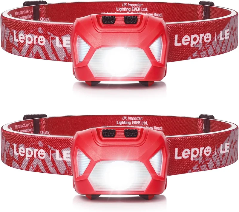 Lepro Stirnlampe, 1300 Lux LED XPG Kopflampe mit 6 Lichtmodi Scheinwerfer und Rotlicht, IPX4 spritzwassergeschütztes Gehäuse, Batteriebetrieben Stirnlampen, Ideal für Camping Joggen, Rot, 2 Stück