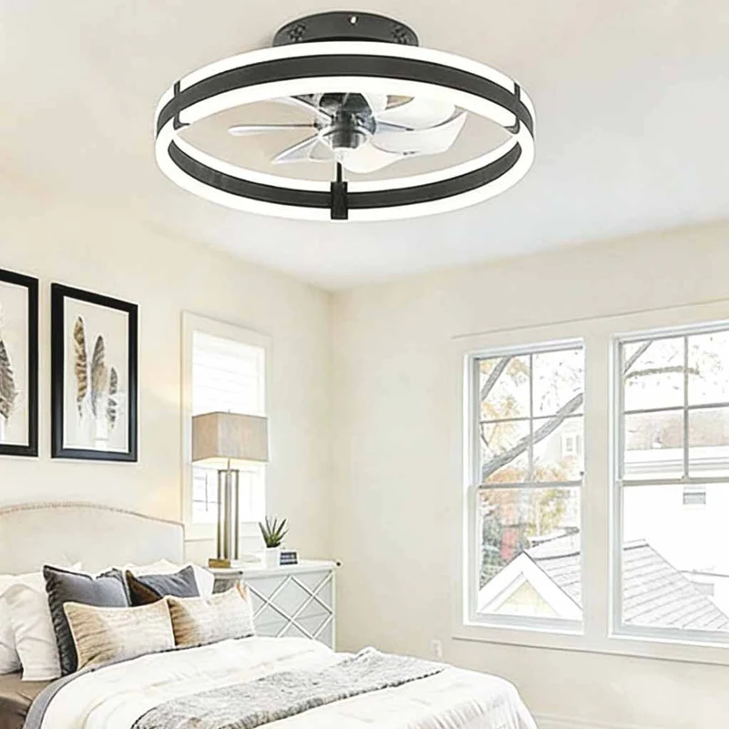 Circle Ceiling Fan with Light Semi-Flush Silent, Black & White