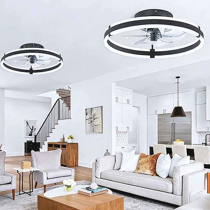 Circle Ceiling Fan with Light Semi-Flush Silent, Black & White