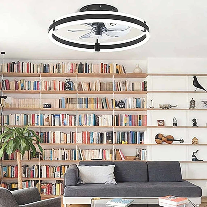 Circle Ceiling Fan with Light Semi-Flush Silent, Black & White