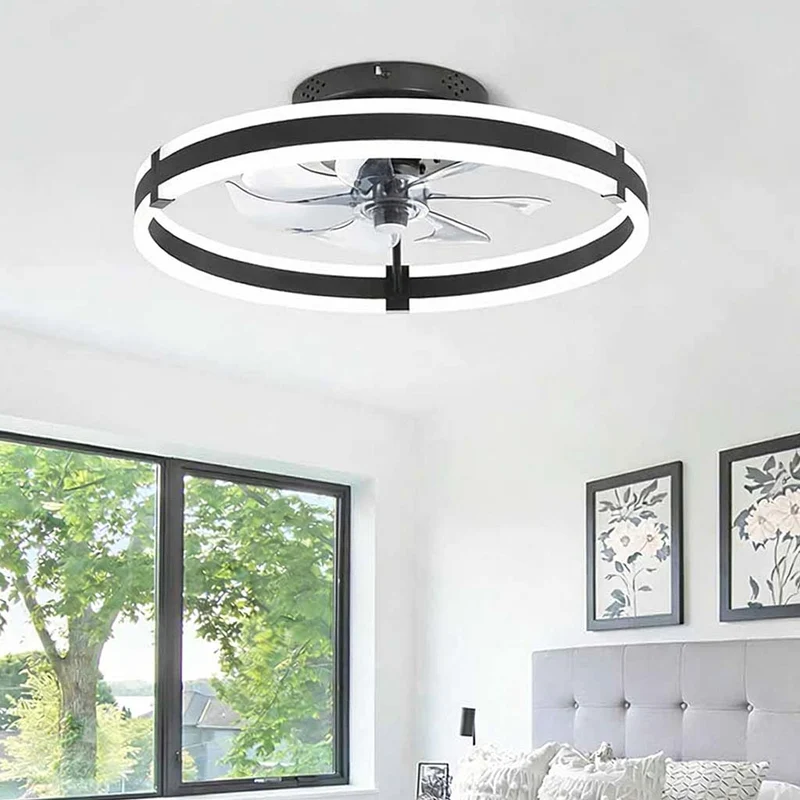 Circle Ceiling Fan with Light Semi-Flush Silent, Black & White
