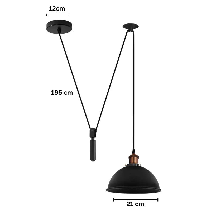 Höhenverstellbare Pendelleuchte – Vintage Seilzug Schwarze Hängelampe | Ø 21cm | E27 ~3961
