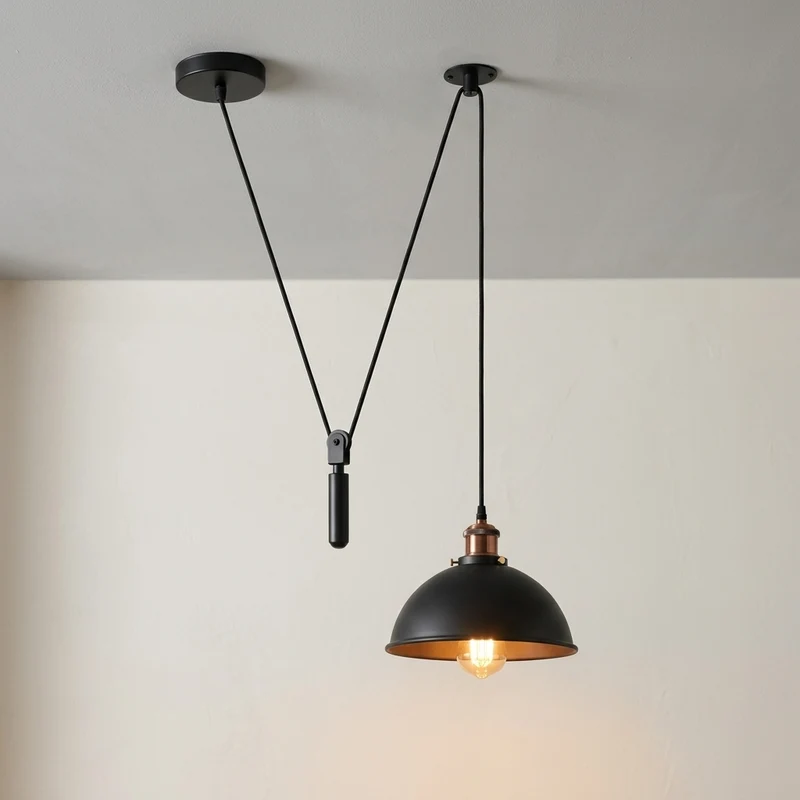 Höhenverstellbare Pendelleuchte – Vintage Seilzug Schwarze Hängelampe | Ø 21cm | E27 ~3961
