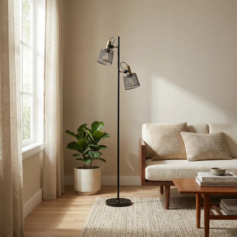 Schwarze LED-Stehlampe aus Aluminium mit Doppelkopf – Tavela