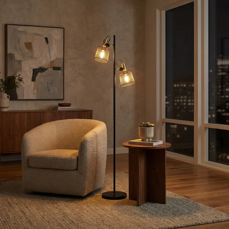 Schwarze LED-Stehlampe aus Aluminium mit Doppelkopf – Tavela