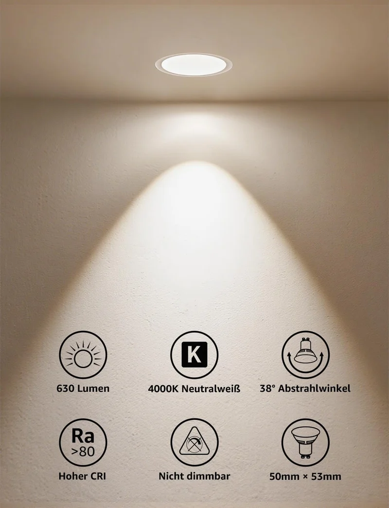 Lepro GU10 LED Neutralweiß 6W Lampe, 4000K Neutralweiß, 630 Lumen, 38° Abstrahlwinkel, Nicht dimmbar Reflektorlampe, Energiesparendes GU10 LED Leuchtmittel für Büro, Küche, Flur, 8 Stück