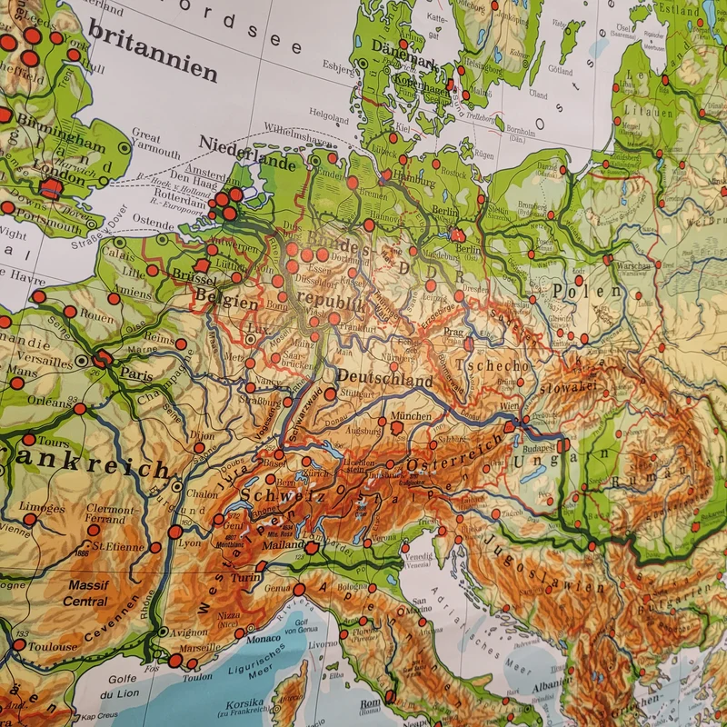 Vintage Schulwandkarte Europa physisch – Lehrtafel Rollbild Wanddeko