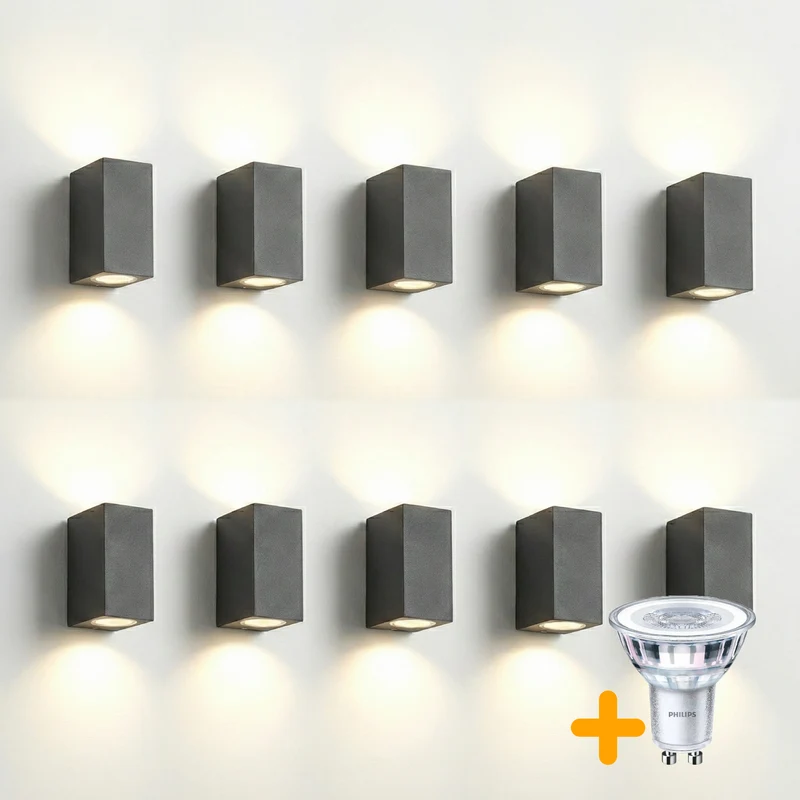 10-teilig | Wand-/Außenleuchte | Inkl. 20 PHILIPS-Strahler | Komplett | San Francisco | IP44 | 2x GU10 | Anthrazit