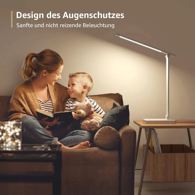 Lepro Schreibtischlampe, LED Tischlampe 15W, 655LM Tischleuchte 3 Farben und 5 Helligkeitsstufen Dimmbar mit USB-Anschluss, Schreibtischleuchte Augenschutz, Leselicht für Zimmer Büro, Weiß