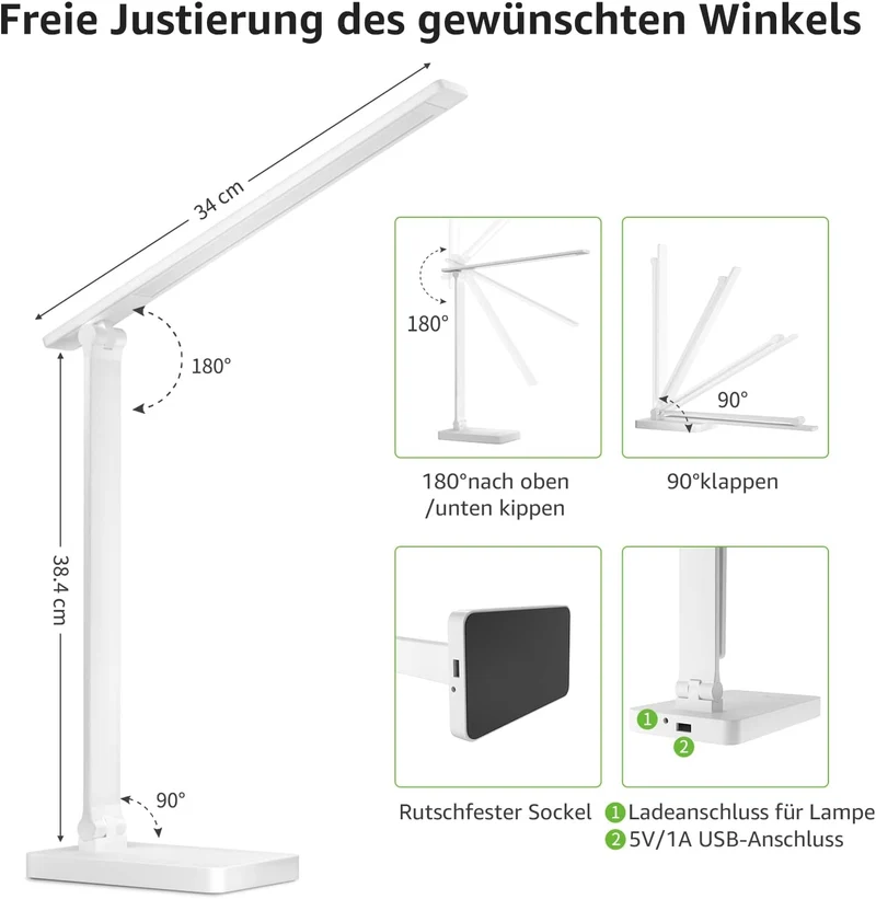 Lepro Schreibtischlampe, LED Tischlampe 15W, 655LM Tischleuchte 3 Farben und 5 Helligkeitsstufen Dimmbar mit USB-Anschluss, Schreibtischleuchte Augenschutz, Leselicht für Zimmer Büro, Weiß