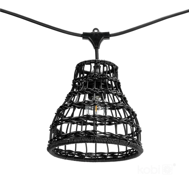 Komplette Lichterkette mit 10 Lampenschirmen | 10 Meter | Schwarzer Bambus | Verbindbar | E27 | Inklusive 1-Watt-Glühbirnen