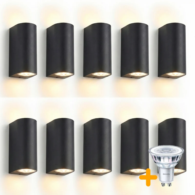 10-teiliges Set | Wand-/Außenleuchte | Inkl. 20 Philips Strahler | Komplett | Santa Barbara | IP44 | 2 GU10 | Schwarz