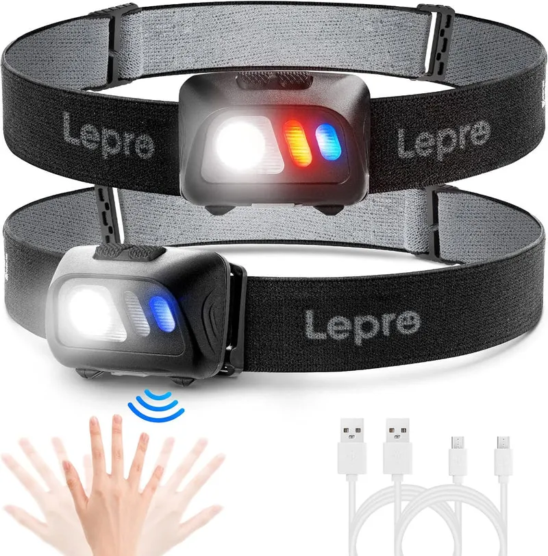 Lepro Stirnlampe USB Wiederaufladbar, Ultrahelle 800L LED Kopflampe mit Gestensensor und Rotlicht, 5 Lichtmodi, Wasserdicht Leicht Stirnleuchte, Perfekt fürs Laufen, Joggen, Angeln, Campen, 2 Stück