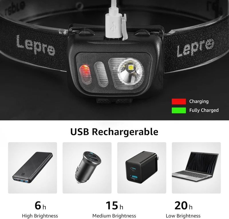 Lepro Stirnlampe USB Wiederaufladbar, Ultrahelle 800L LED Kopflampe mit Gestensensor und Rotlicht, 5 Lichtmodi, Wasserdicht Leicht Stirnleuchte, Perfekt fürs Laufen, Joggen, Angeln, Campen, 2 Stück