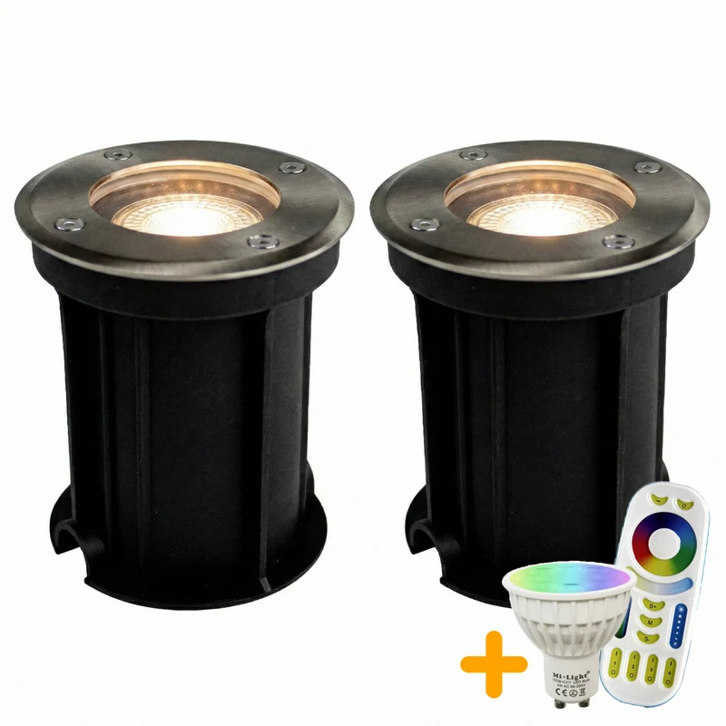2-teiliges LED-Bodenstrahler-Set (GU10, rund), RGBCCT-Lichtquelle und Fernbedienung, Edelstahl, Schutzart IP66