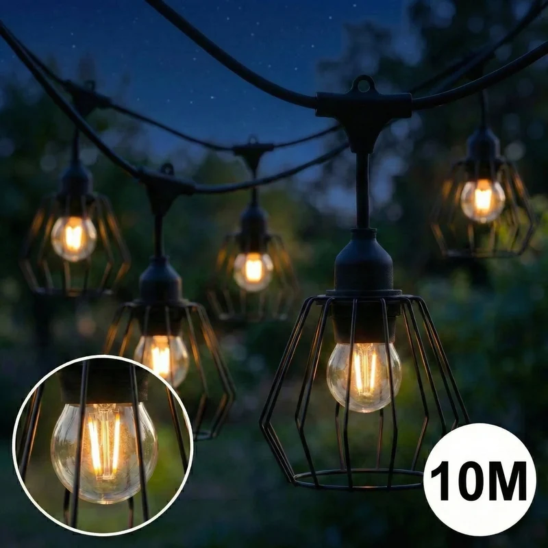 Komplette Lichterkette mit 10 Lampenschirmen | 10 Meter | Industrieller Lampenschirm | Verkettbar | E27 | Inkl. 1-W-Glühbirnen