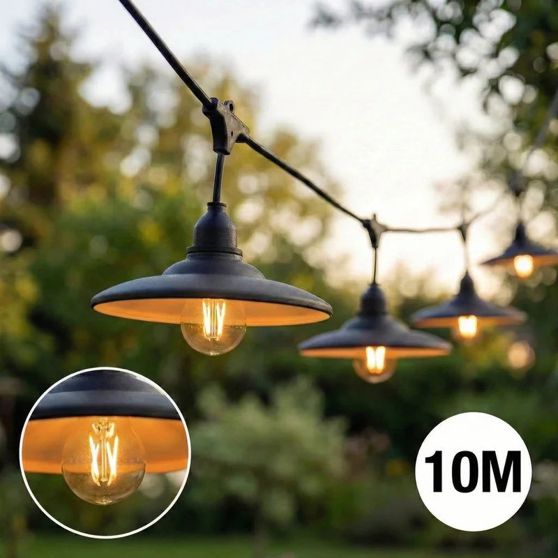Komplette Lichterkette mit 10 Lampenschirmen | 10 Meter | Schwarzer Lampenschirm | Verkettbar | E27 | Inkl. 1-W-Glühbirnen