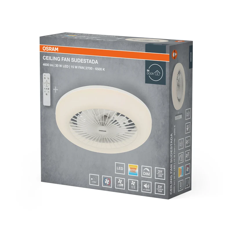 OSRAM LED Deckenventilator Sudestada, Weiß, 45W, 2700-6500K, 2700 lm, 450mm, CCT