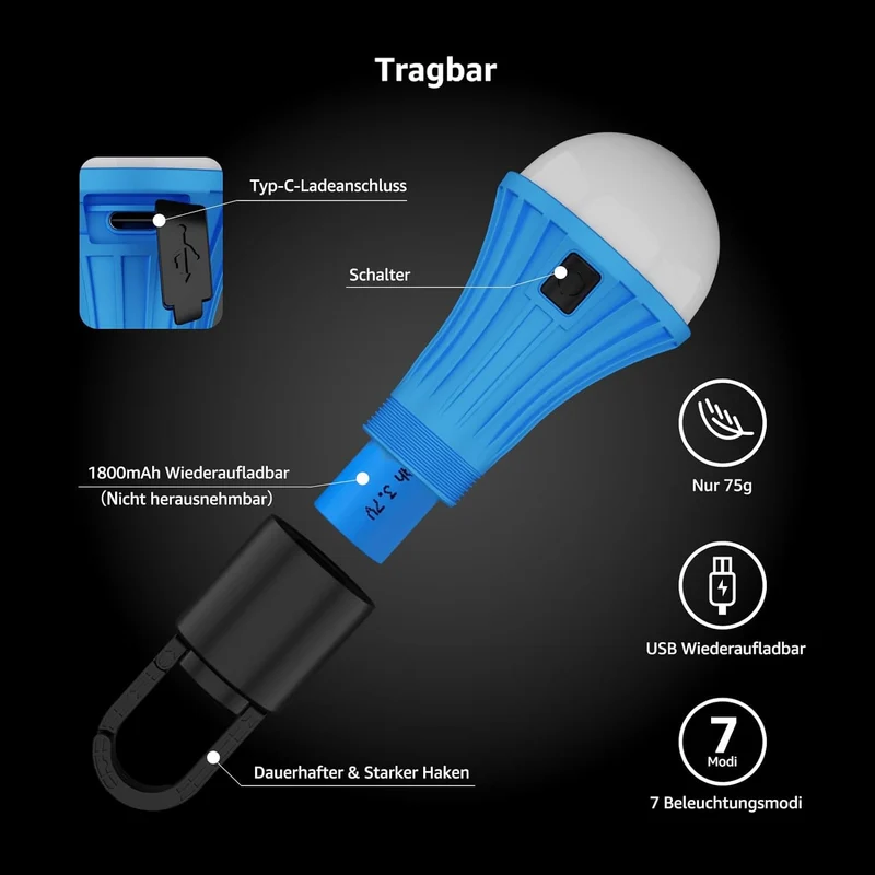 Campinglampe Aufladbar, Lepro Camping Zubehör Camping lampe Zeltlampe Glühbirne Notlicht, 7 Leuchtmodi, 2 Stück für Camping Abenteuer Angeln Garage Notfall Stromausfall