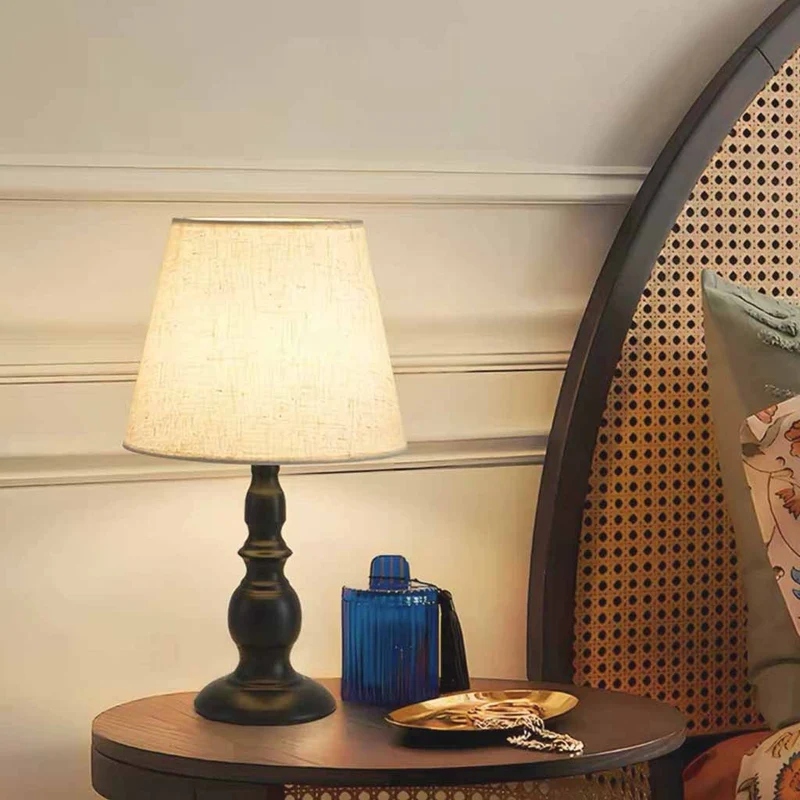 Linen Table Lamp Bedside Ambient Black Base