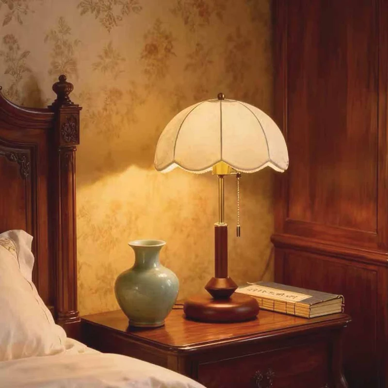 Walnut Table Lamp Antique Round with Pull Chain