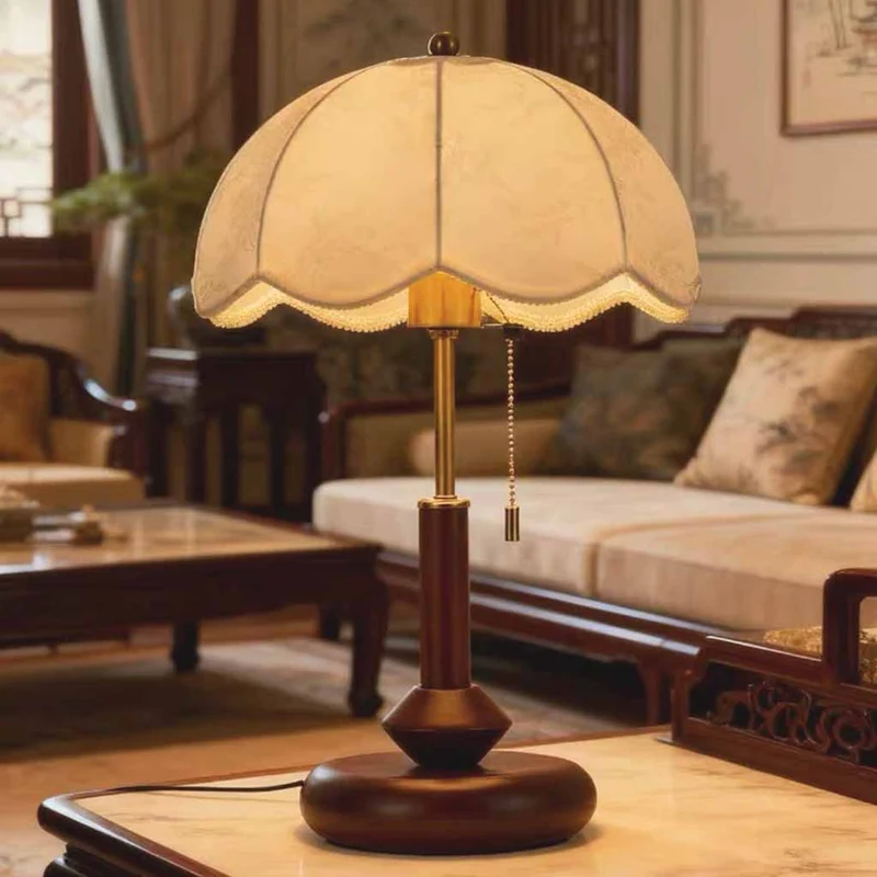 Walnut Table Lamp Antique Round with Pull Chain