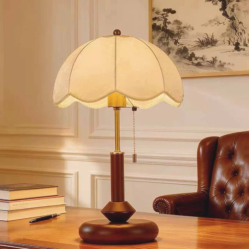 Walnut Table Lamp Antique Round with Pull Chain