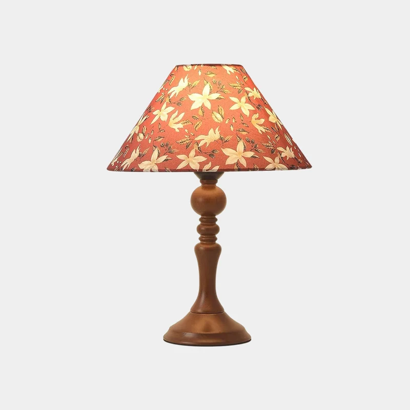 Wood Base Table Lamp Artistic Floral Print Fabric Shade