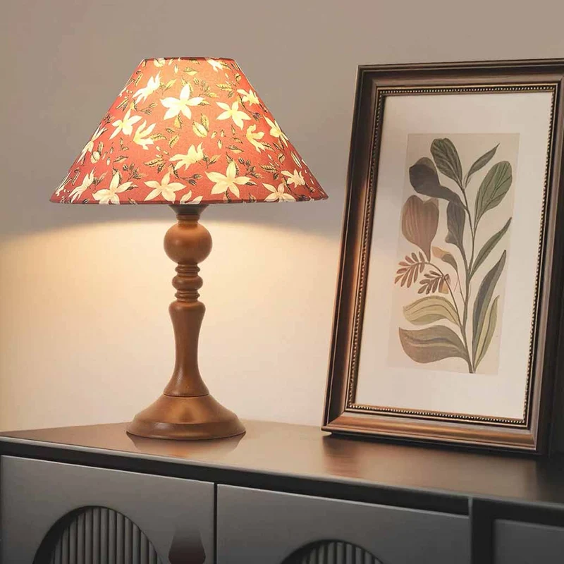 Wood Base Table Lamp Artistic Floral Print Fabric Shade