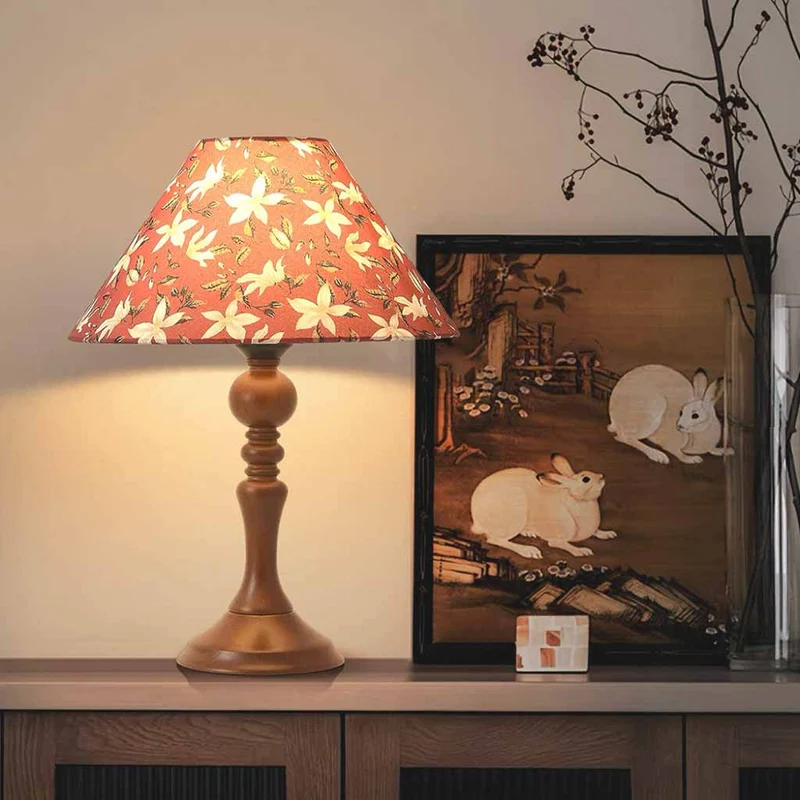 Wood Base Table Lamp Artistic Floral Print Fabric Shade