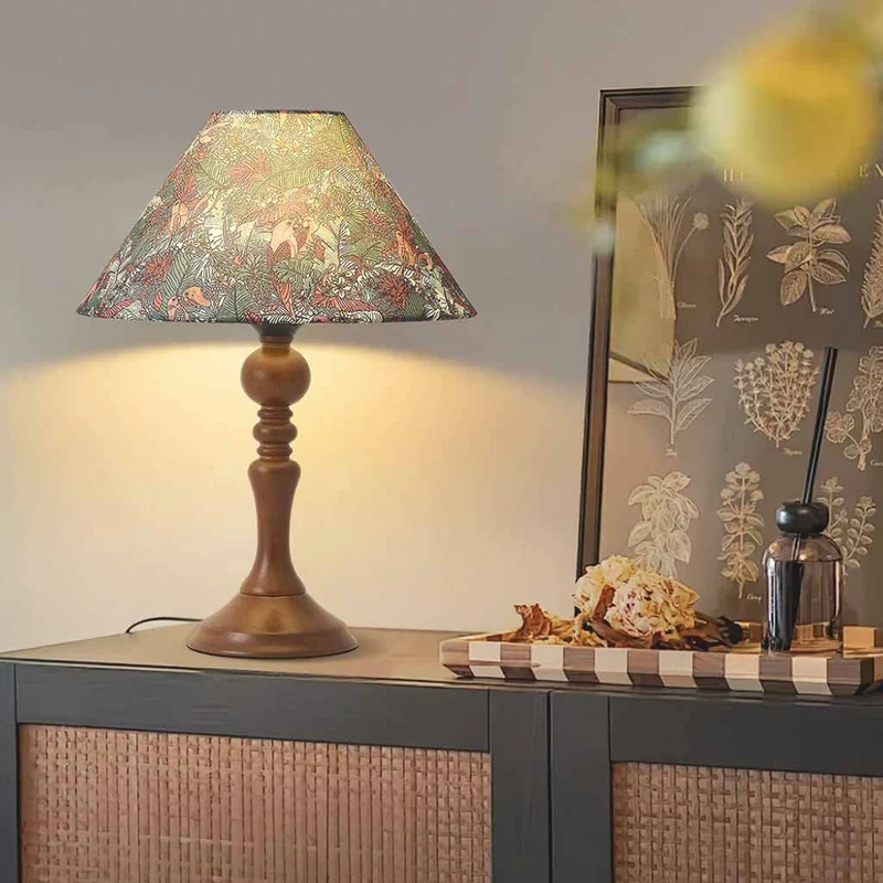 Wood Base Table Lamp Artistic Floral Print Fabric Shade